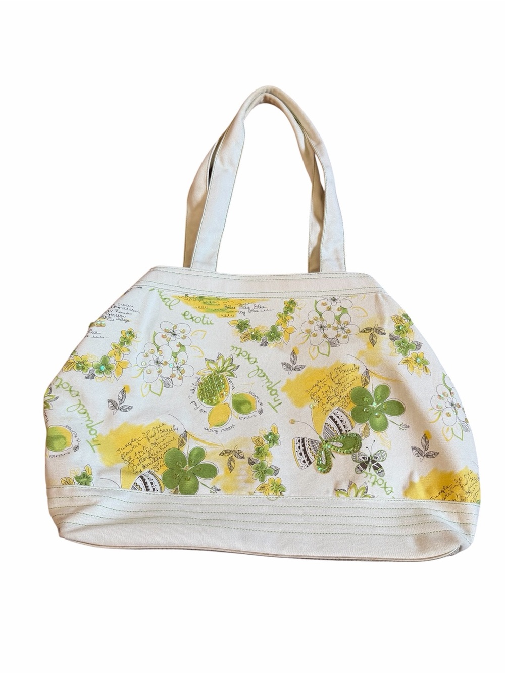Caribbean Joe Floral Print Canvas Tote Bag - White and Green Large
